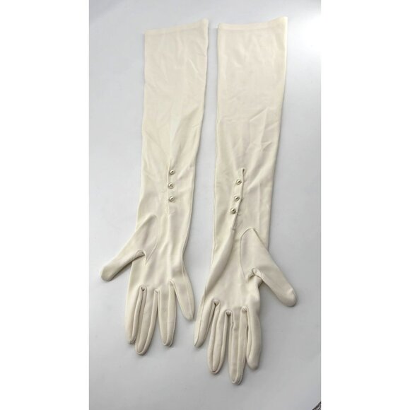 Vintage Long White Satin Gloves W/ Button Accents Womens Elegant Evening Wear Si - Picture 4 of 4